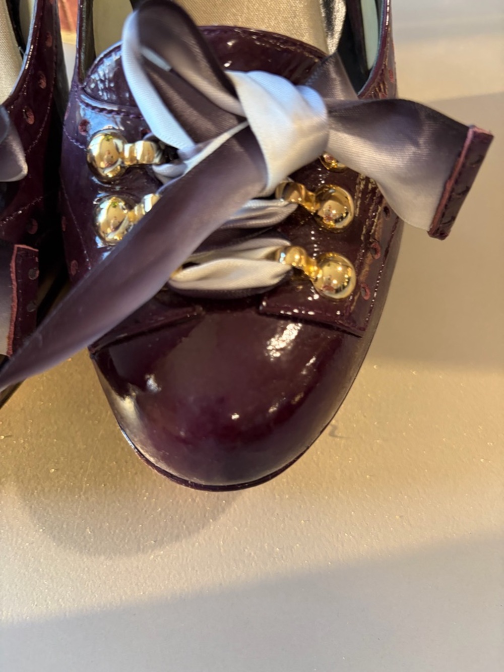 Betsey Johnson Plum Patent Bow Pumps with Gold Bead Detail - Picture 3 of 8